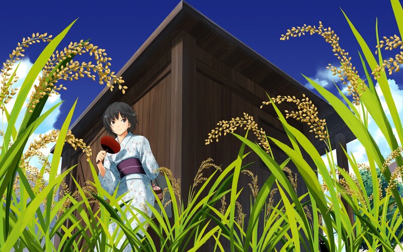 Anime Girl in Kimono — Blue, Serene, Afternoon