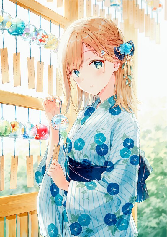Anime Girl in Kimono — Blue, Serene, Afternoon, Wind Chimes
