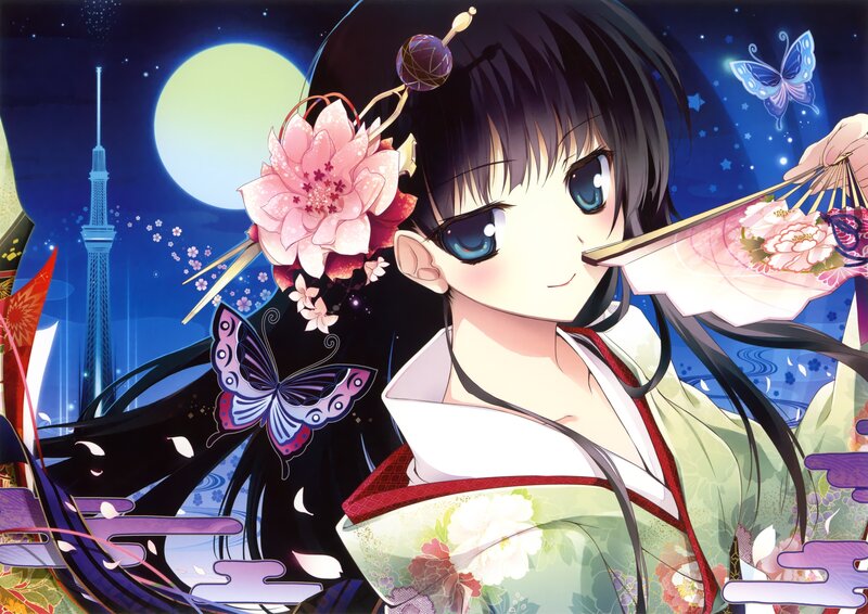 Anime Girl in Kimono — Blue, Serene, Night, Butterfly, Moon