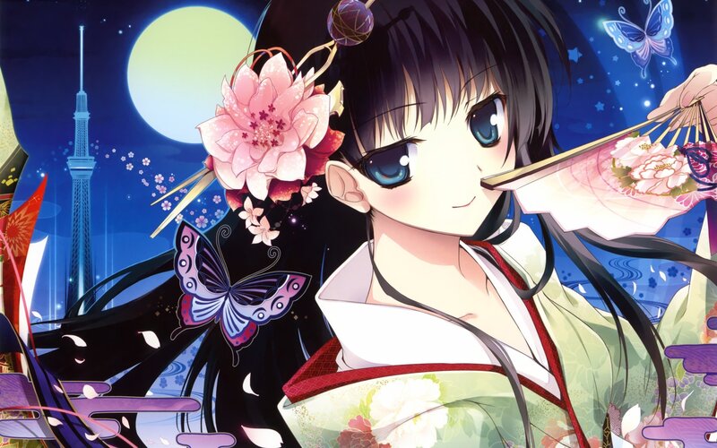 Anime Girl in Kimono — Blue, Serene, Night, Butterfly