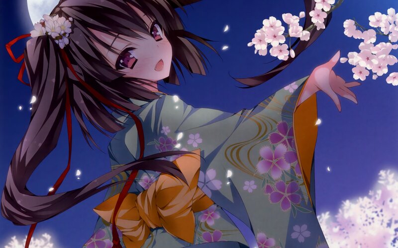 Anime Girl in Kimono — Blue, Serene, Night, Cherry Blossoms, Moon