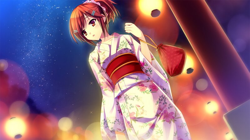 Anime Girl in Kimono — Blue, Serene, Night, Digital Art, Lanterns