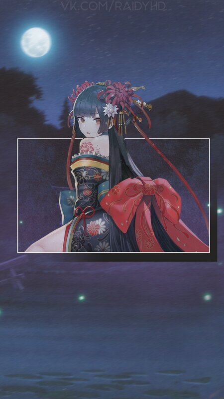 Anime Girl in Kimono — Blue, Serene, Night, Digital Art, Moon, Flowers