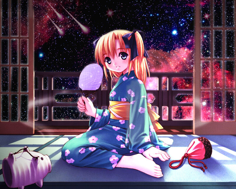 Anime Girl in Kimono — Blue, Serene, Night, Fan