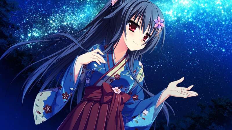 Anime Girl in Kimono — Blue, Serene, Night, Flowers, Stars