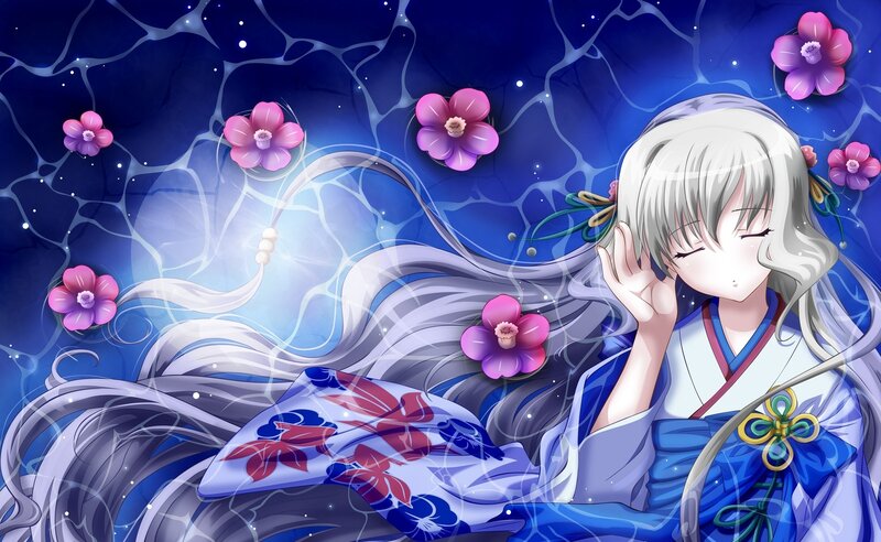 Anime Girl in Kimono — Blue, Serene, Night, Flowers