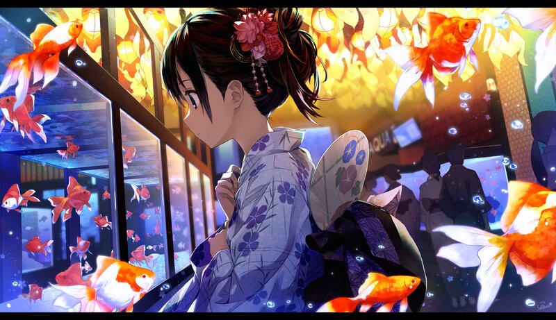 Anime Girl in Kimono — Blue, Serene, Night, Goldfish