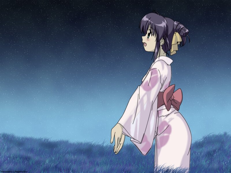 Anime Girl in Kimono — Blue, Serene, Night, Grass, Stars