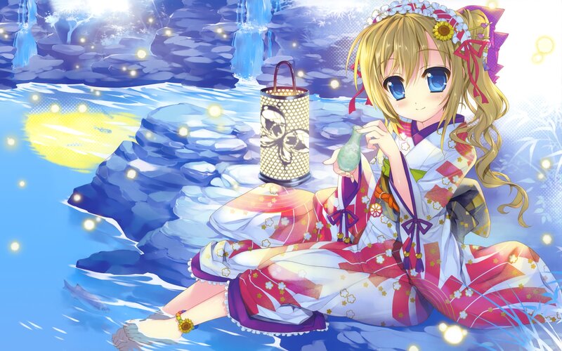 Anime Girl in Kimono — Blue, Serene, Night, Lantern