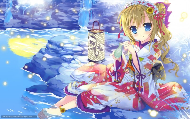 Anime Girl in Kimono — Blue, Serene, Night, Lantern, Water