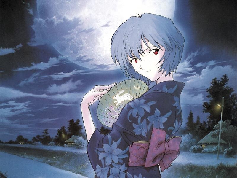 Anime Girl in Kimono — Blue, Serene, Night, Manga