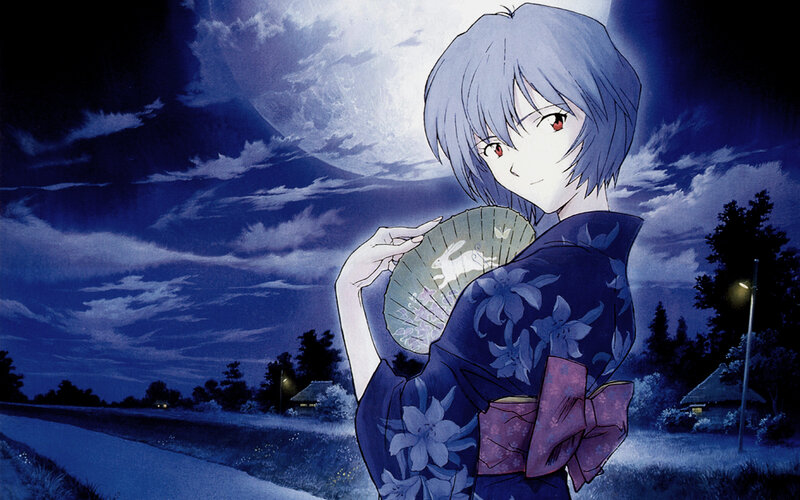 Anime Girl in Kimono — Blue, Serene, Night, Moon, Fan