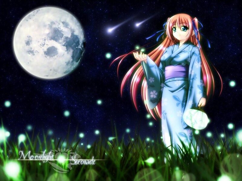 Anime Girl in Kimono — Blue, Serene, Night, Moon, Fireflies