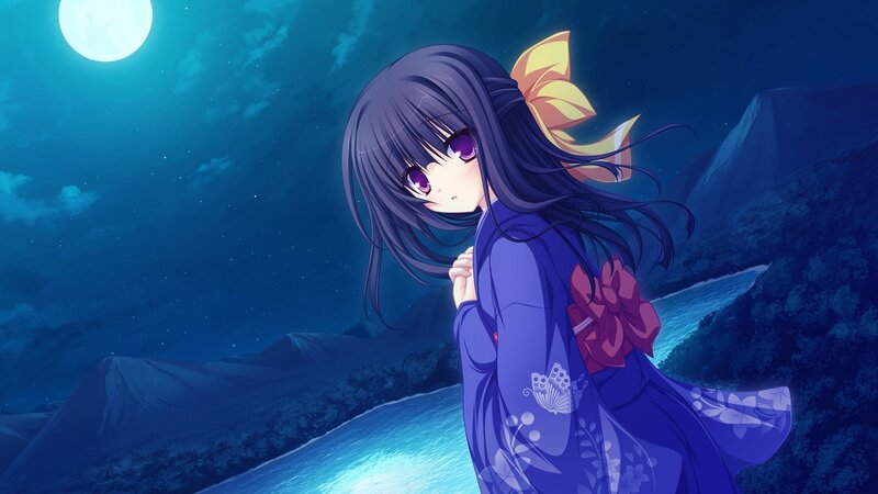 Anime Girl in Kimono — Blue, Serene, Night, Moon, River