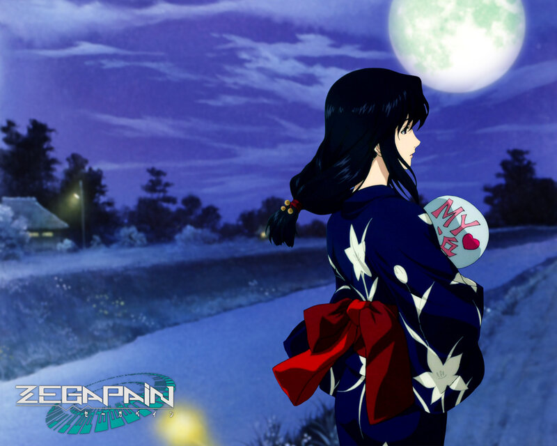 Anime Girl in Kimono — Blue, Serene, Night, Moon, Snow