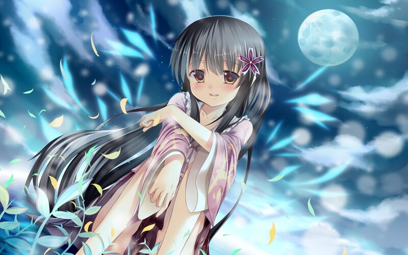 Anime Girl in Kimono — Blue, Serene, Night, Moon