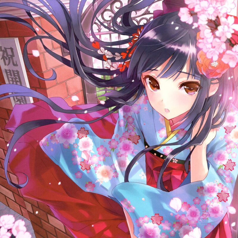 Anime Girl in Kimono — Blue, Serene, Spring, Cherry Blossoms