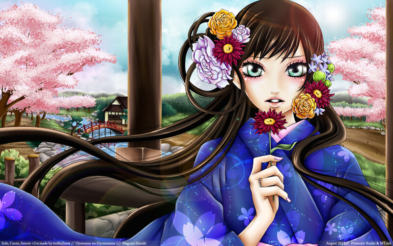 Anime Girl in Kimono — Blue, Serene, Spring, Digital Art, Cherry Blossoms