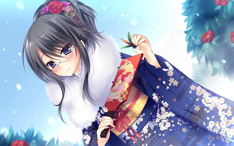 Anime Girl in Kimono — Blue, Serene, Spring, Digital Art, Fan