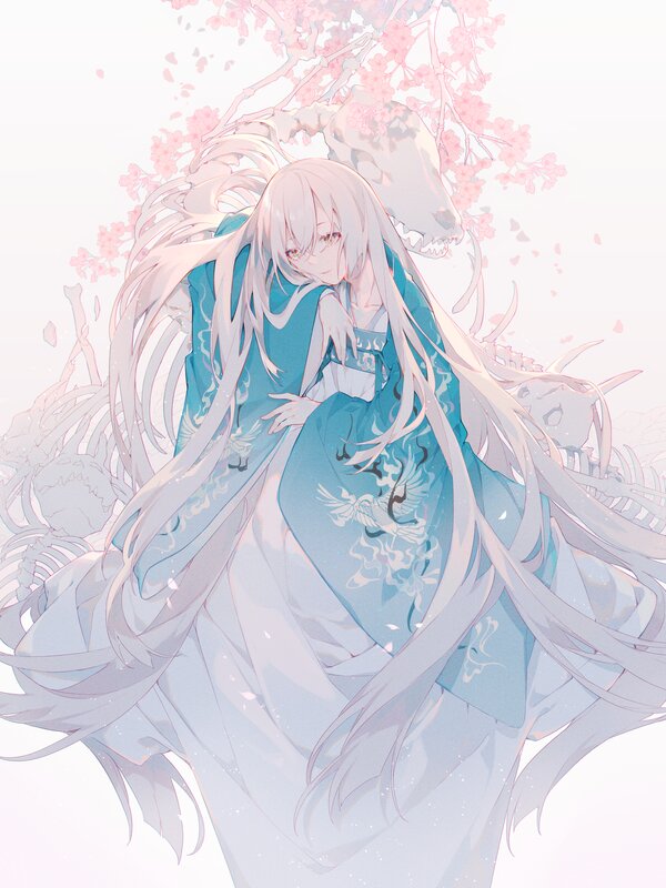 Anime Girl in Kimono — Blue, Serene, Spring, Digital Art, Sakura Blossoms