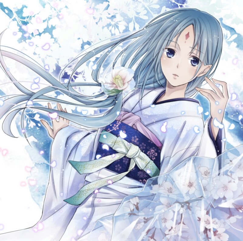 Anime Girl in Kimono — Blue, Serene, Spring, Flower