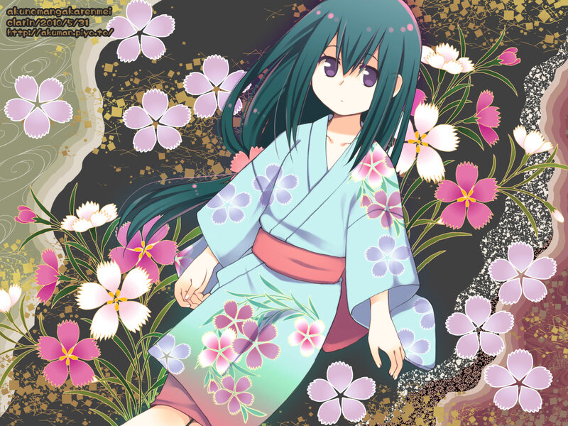 Anime Girl in Kimono — Blue, Serene, Spring, Manga