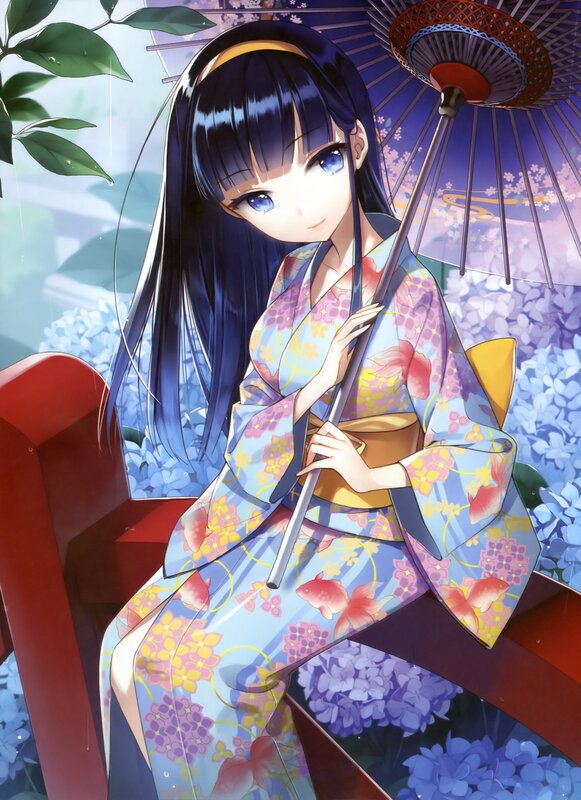 Anime Girl in Kimono — Blue, Serene, Spring, Umbrella, Flowers