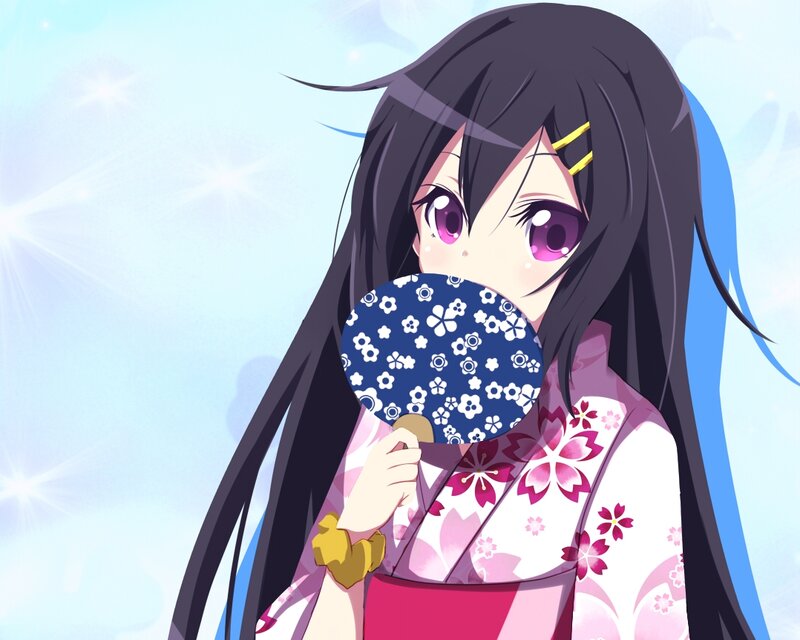 Anime Girl in Kimono — Blue, Serene, Summer, Fan