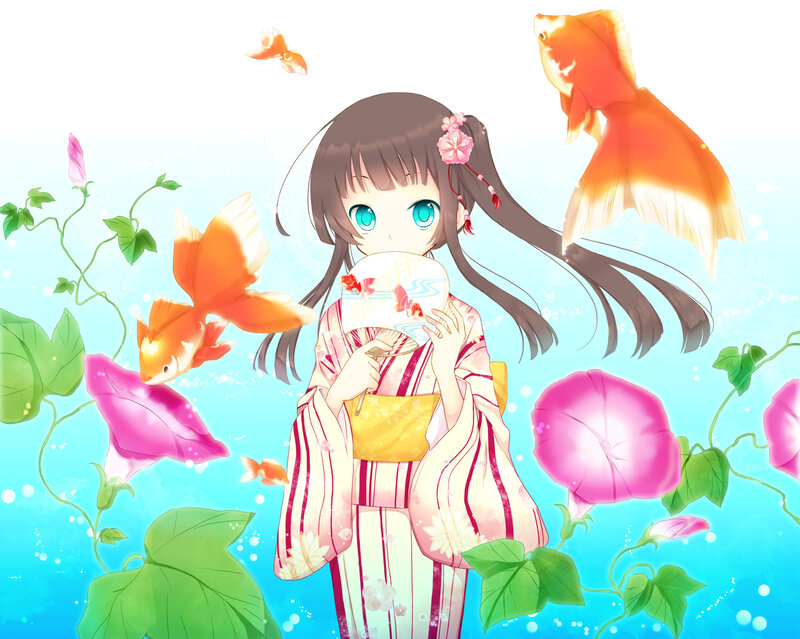 Anime Girl in Kimono — Blue, Serene, Summer
