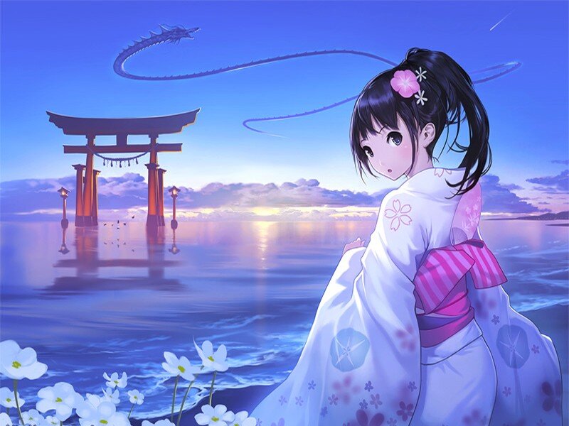 Anime Girl in Kimono — Blue, Serene, Sunset, Digital Art, Torii Gate