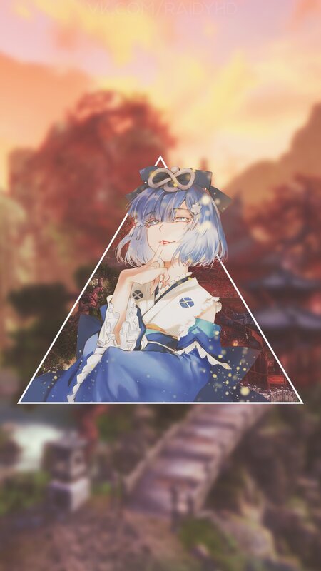 Anime Girl in Kimono — Blue, Serene, Sunset, Digital Art, Trees
