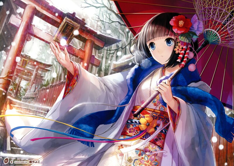 Anime Girl in Kimono — Blue, Serene, Winter, Manga