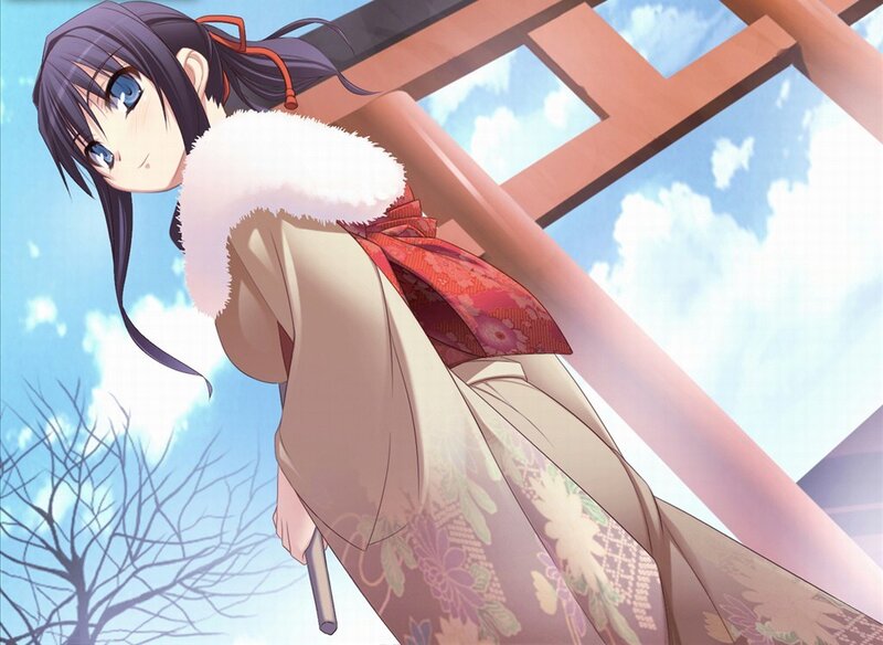 Anime Girl in Kimono — Blue, Serene, Winter