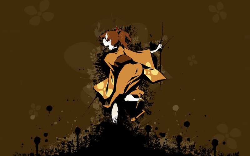 Anime Girl in Kimono — Brown, Dramatic, Digital Art
