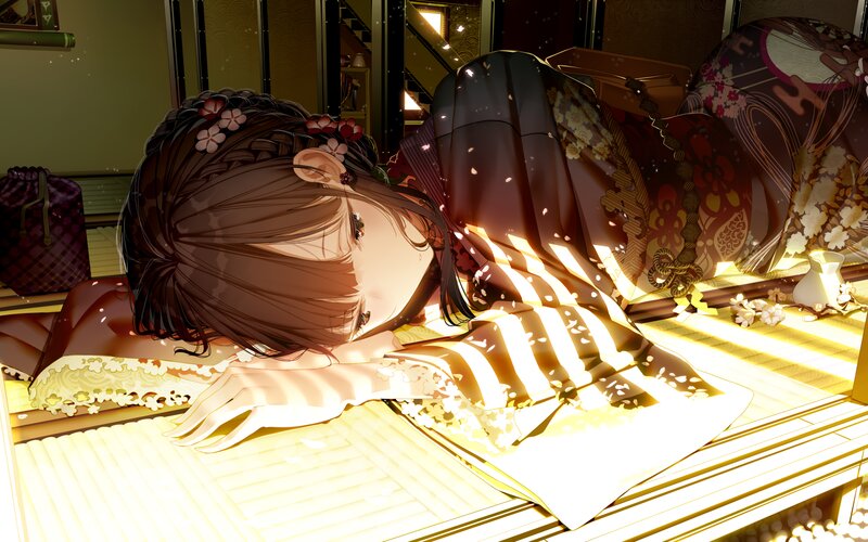 Anime Girl in Kimono — Brown, Serene, Morning