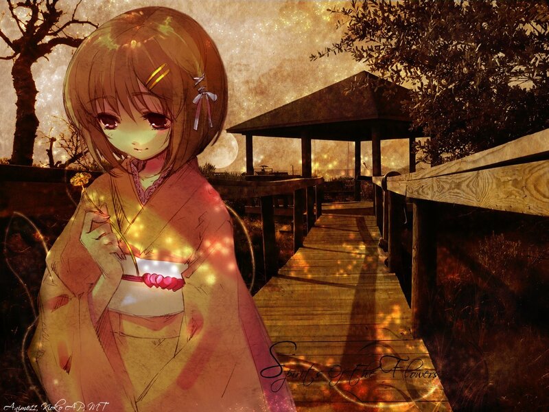 Anime Girl in Kimono — Brown, Serene, Night, Digital Art