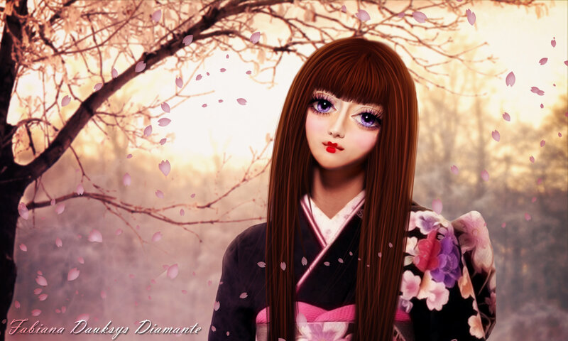 Anime Girl in Kimono — Brown, Serene, Spring, Digital Art