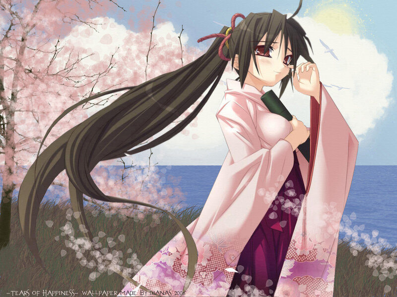 Anime girl in kimono by cherry blossoms