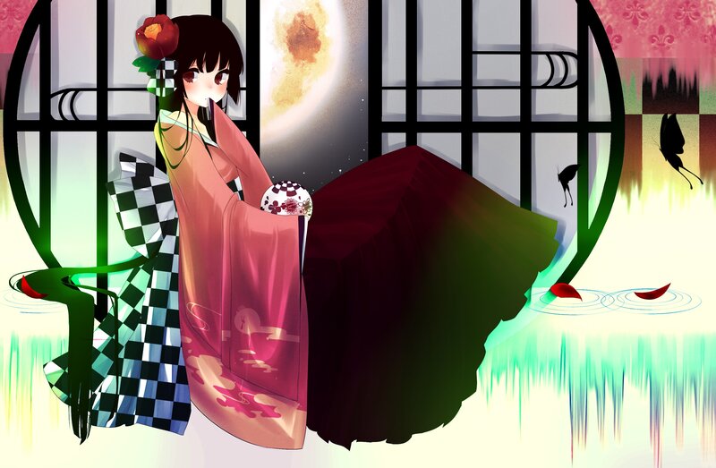anime girl in kimono by moonlight