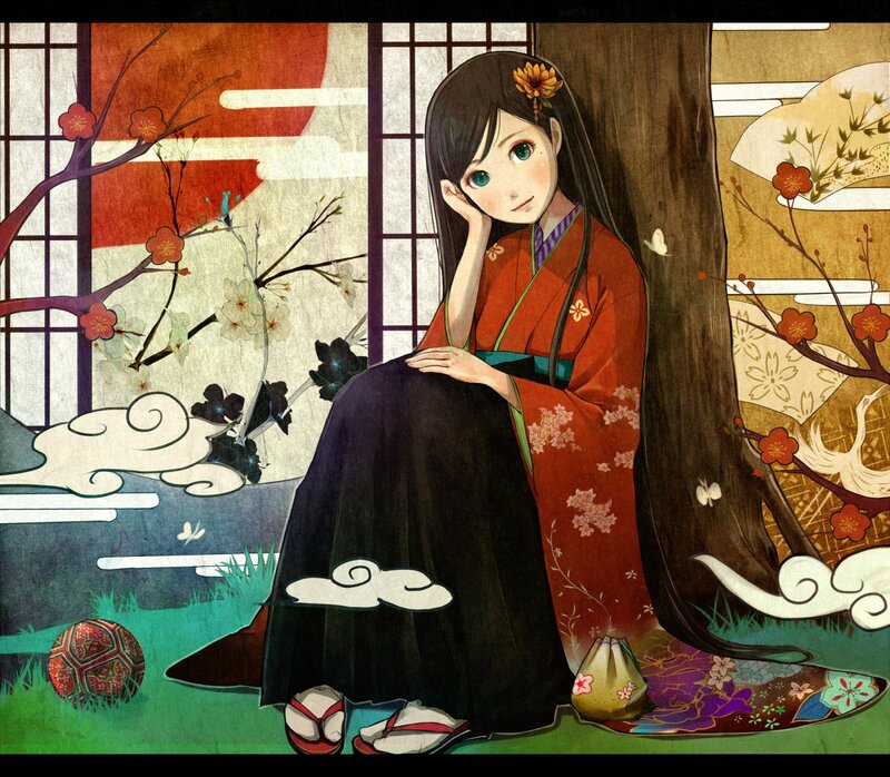 anime girl in kimono by tree