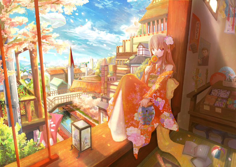 Anime girl in kimono by window