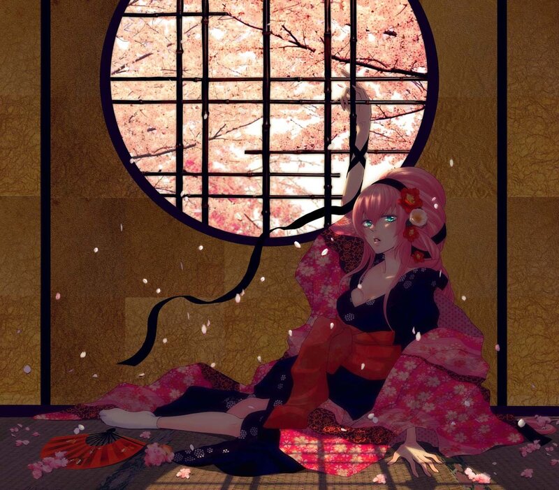 Anime girl in kimono by window