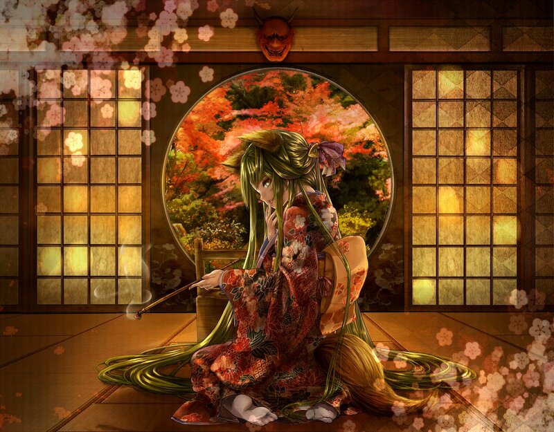 Anime girl in kimono by window