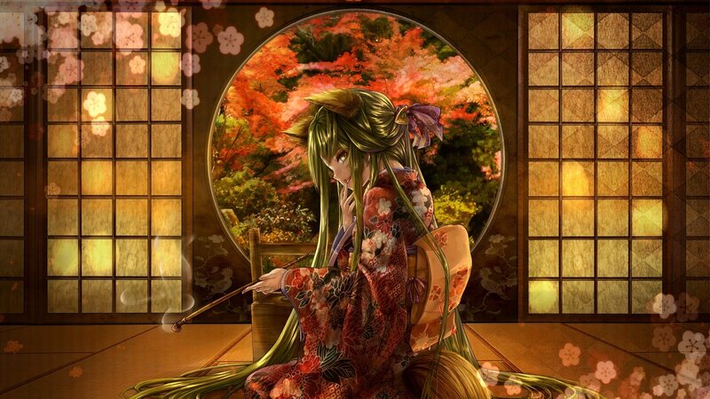 Anime girl in kimono by window