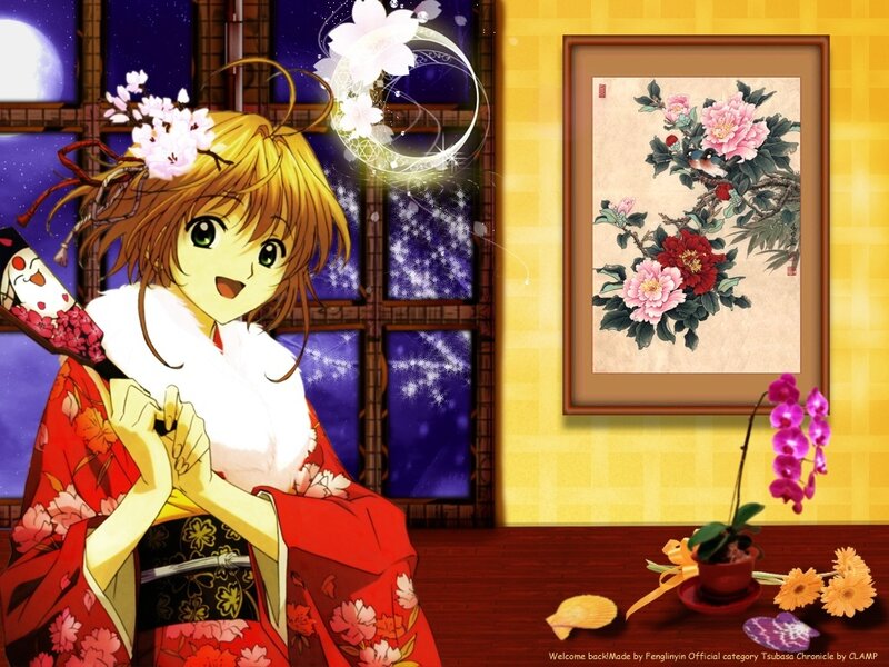 Anime girl in kimono by window