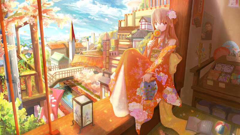 Anime girl in kimono by window