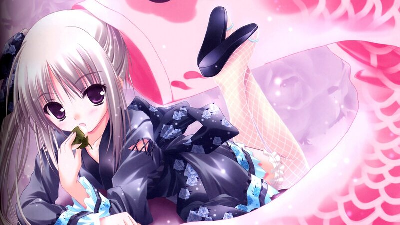 anime girl in kimono eating