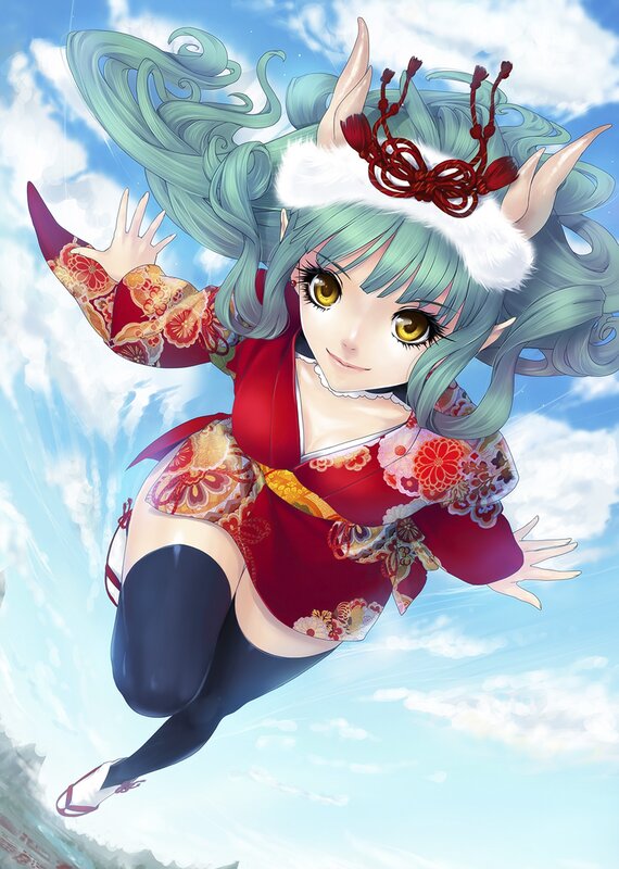 Anime girl in kimono flying