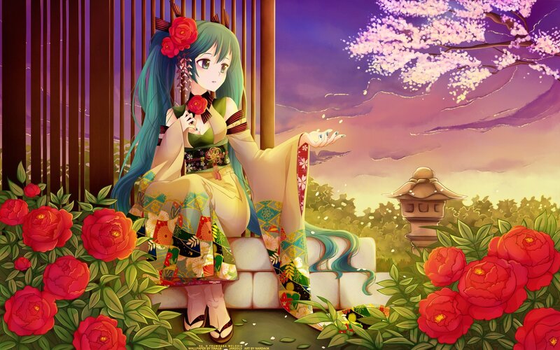 Anime girl in kimono garden