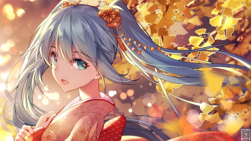 Anime Girl in Kimono — Gold, Serene, Autumn
